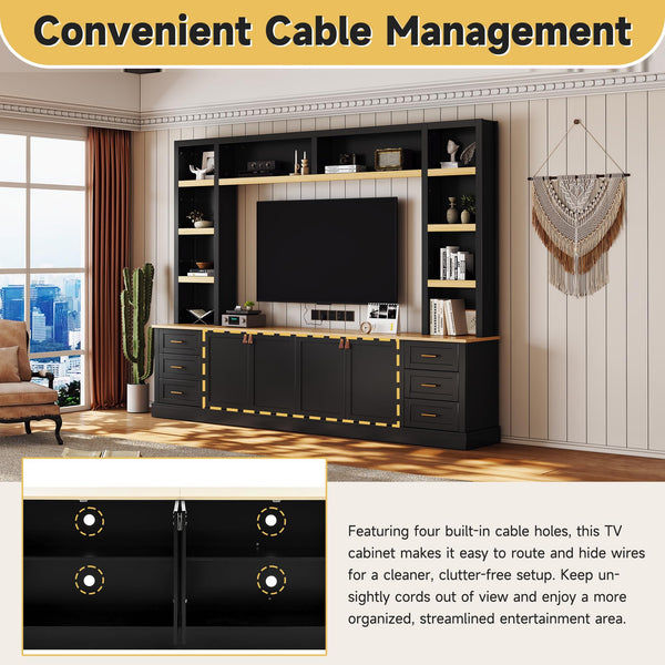 102.3" Farmhouse 4-Piece Entertainment Center with Drawers & Adjustable Shelves