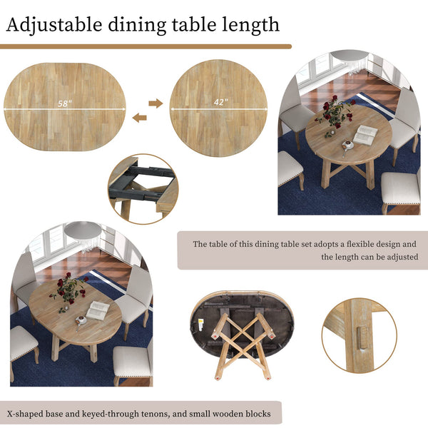 5-Piece Farmhouse Extendable Round Dining Table & Chair Set with Shelf
