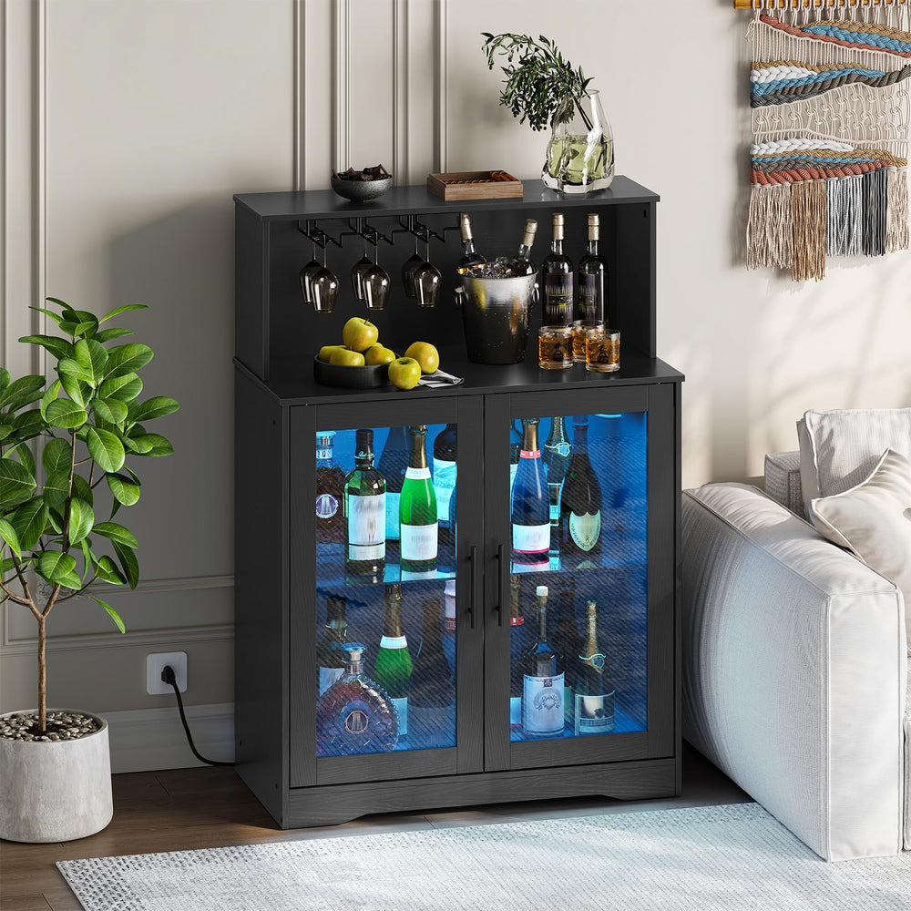 Wine Bar Cabinet with LED Light & Power Outlets