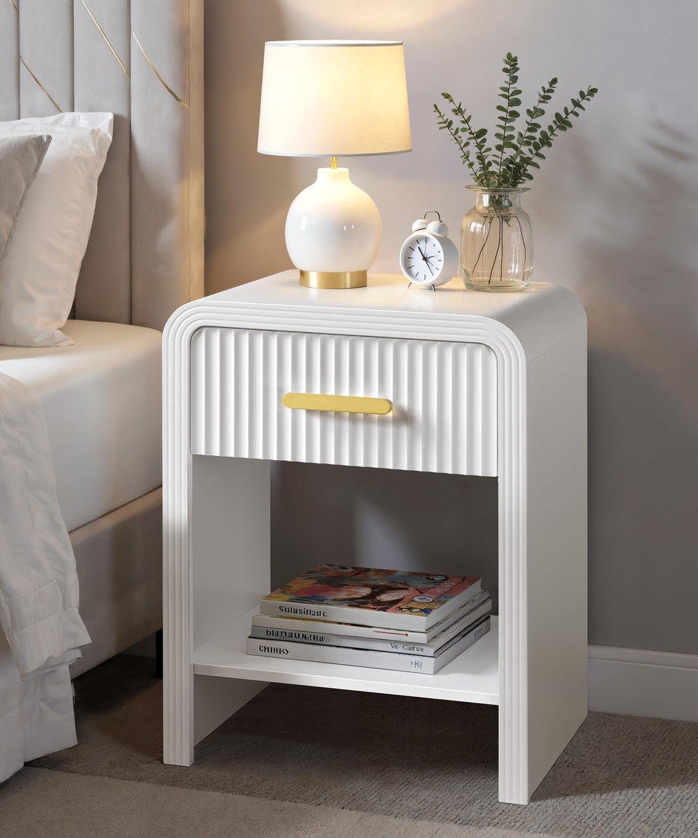 Fluted Nightstand with Drawer and Open Shelf – White & Gold