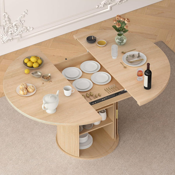 Extendable Round to Oval Dining Table with Storage Cabinet
