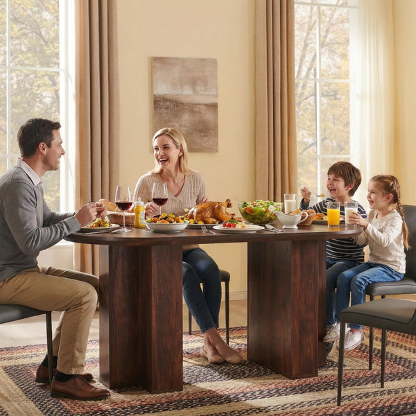 63" Oval Dining Table for 4-6 | Wood-Grain Top, T-Base, Dark Walnut