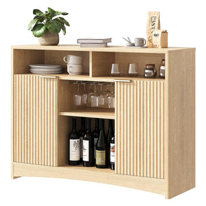 Bar Cabinet with Fluted Doors, Adjustable Shelves & Wine Glass Rack