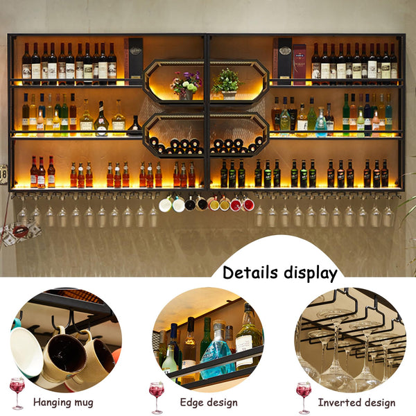 Wall Mounted Wine Rack with LED Light – 4-Tier Floating Bar Shelf