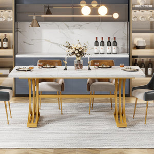 63-Inch Rectangular Dining Table with Faux Marble Top & Metal Legs