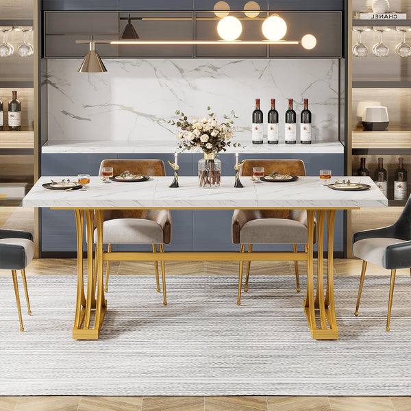 63-Inch Rectangular Dining Table with Faux Marble Top & Metal Legs