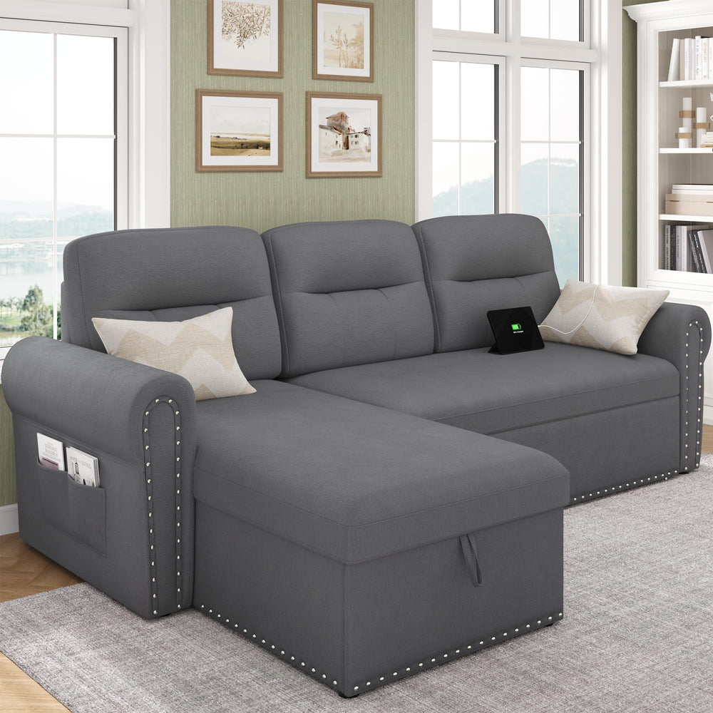 87" Sectional Sleeper Sofa with Storage Chaise & USB Charging