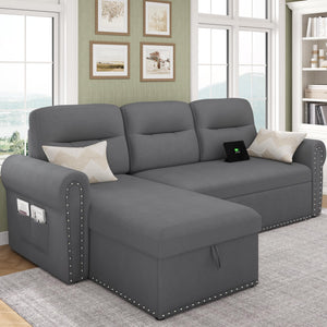 87" Sectional Sleeper Sofa with Storage Chaise & USB Charging