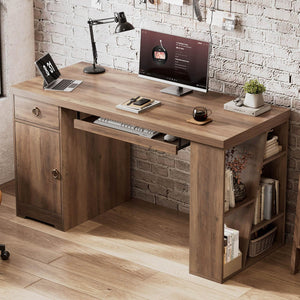 55 Inch Farmhouse Executive Desk with Drawers, Keyboard Tray & Storage Shelves