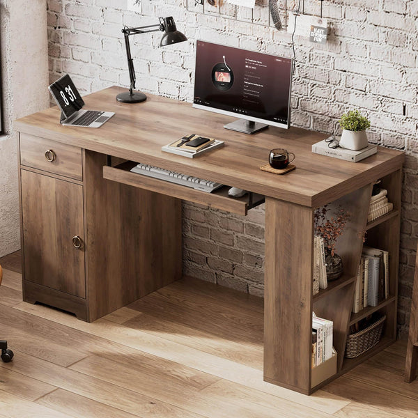 55 Inch Farmhouse Executive Desk with Drawers, Keyboard Tray & Storage Shelves