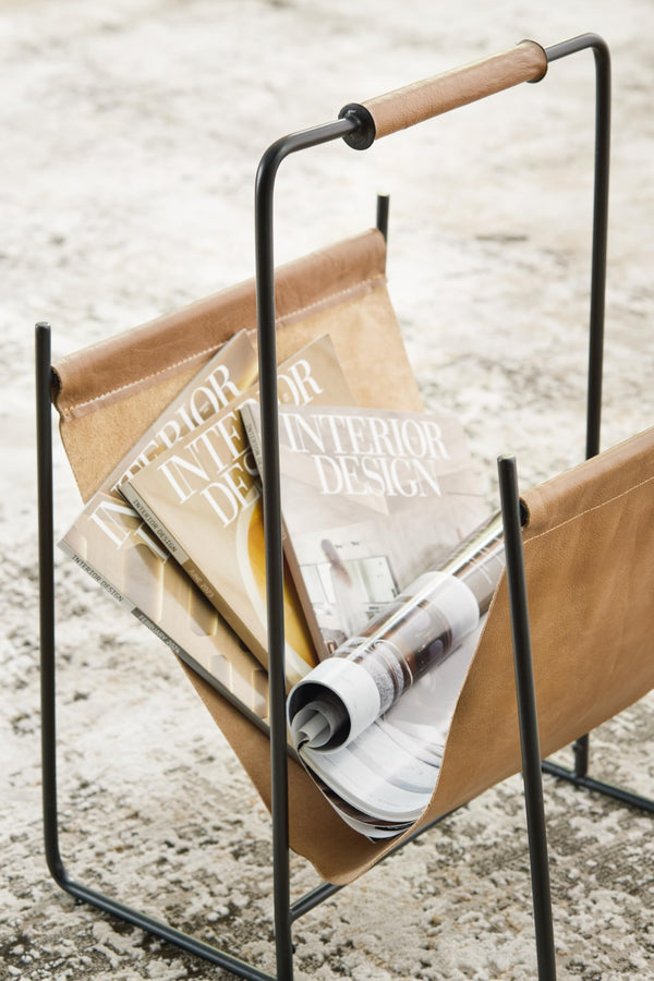 Leather Magazine Rack with Handle – Light Brown & Black