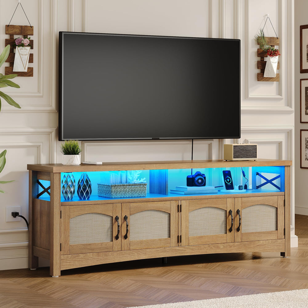 Farmhouse TV Stand with LED Lights & Storage – Fits TVs up to 65 Inch