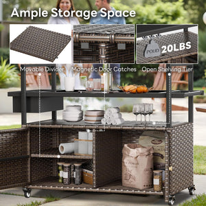 Outdoor Wicker Bar Cart with Storage Cabinet & Tempered Glass Top