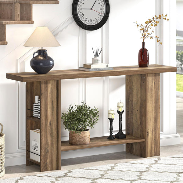 53-Inch 2-Tier Farmhouse Console Table with Side Shelves
