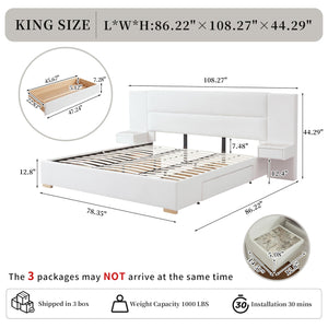 Upholstered Platform Bed Frame with Storage Drawers & Built-In Nightstands