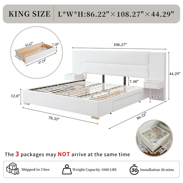 Upholstered Platform Bed Frame with Storage Drawers & Built-In Nightstands