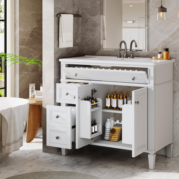 36-Inch Bathroom Vanity with Sink, 4 Drawers & 2 Doors, Solid Wood Frame