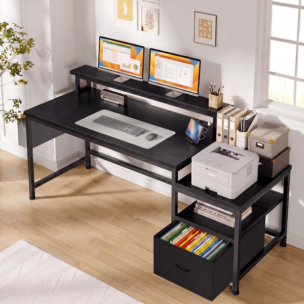Computer Desk with Monitor Stand, File Drawers & Charging Station