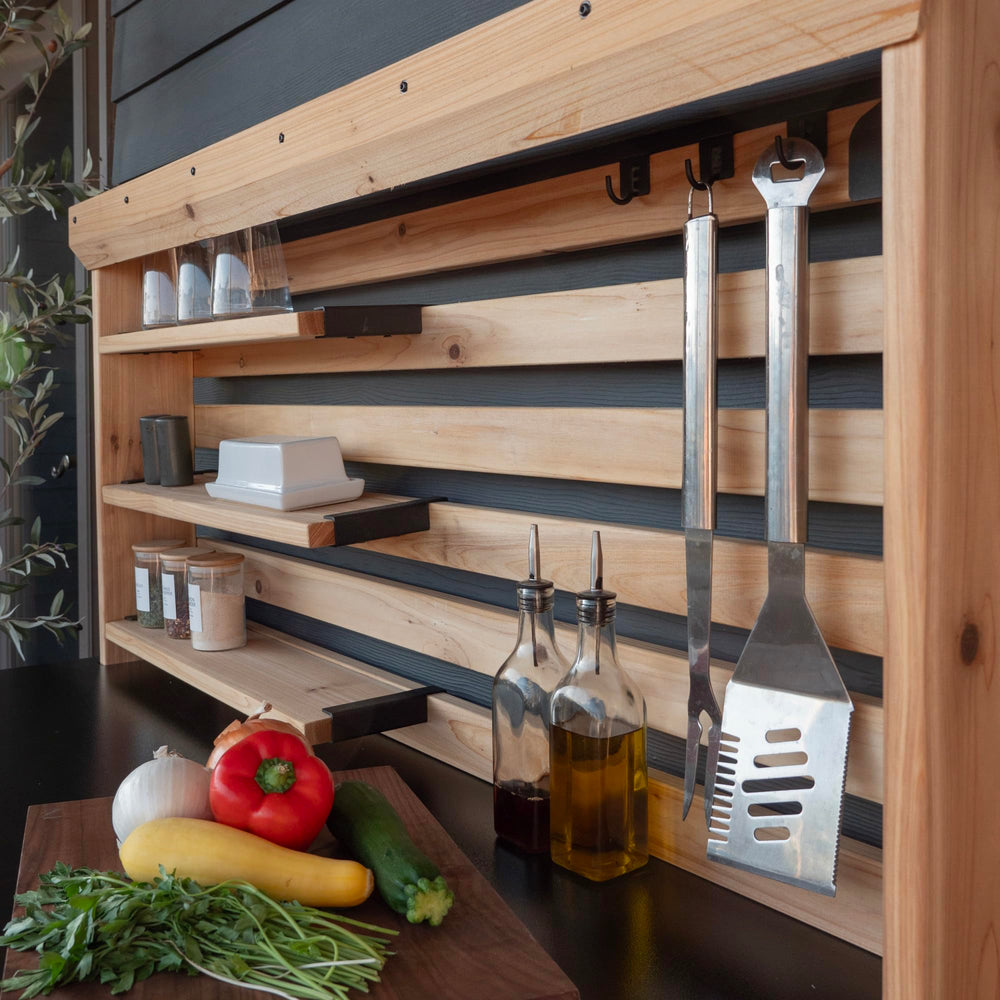 Cedar Wood Buffet Hutch Serving Station with Wine Rack & Steel Countertop