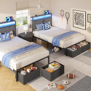 LED Storage Platform Bed with Charging Station & Upholstered Headboard