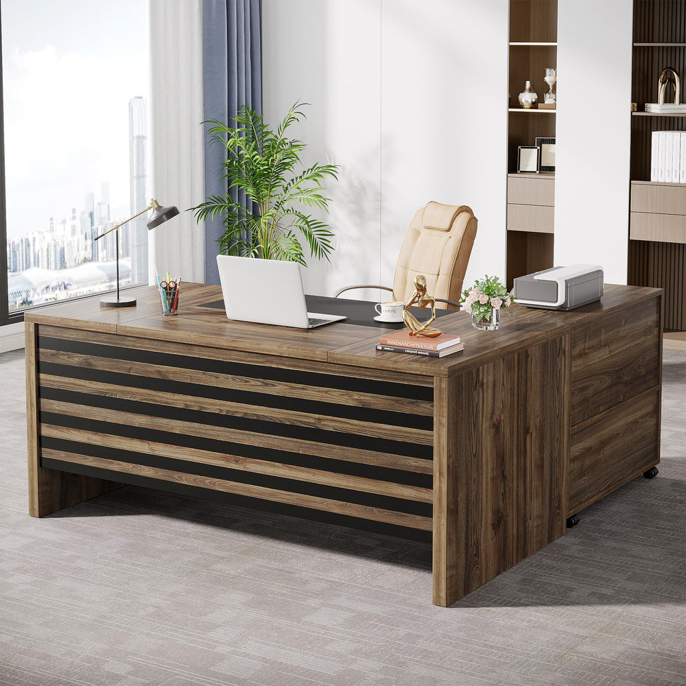 L-Shaped Executive Desk with Mobile File Cabinet and Storage Shelves