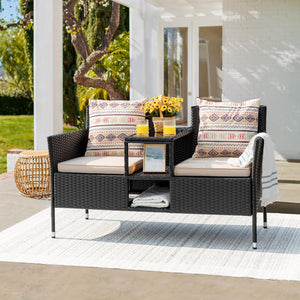 Outdoor Rattan Loveseat with Built-In Table & Storage
