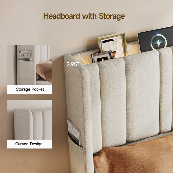 Queen Size Wingback Headboard with LED Light, Storage & Charging Station