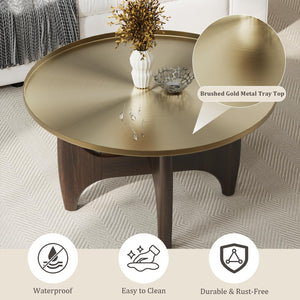 Round Coffee Table with Gold Tray Top & Walnut Base
