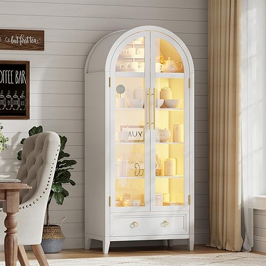 Arch Display Cabinet with Glass Doors, LED Lights & Drawer – 73" Tall