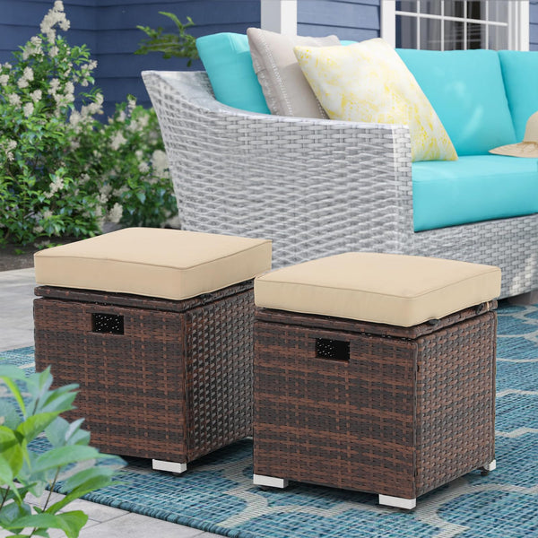 2-Piece Outdoor Patio Storage Ottomans with Cushions