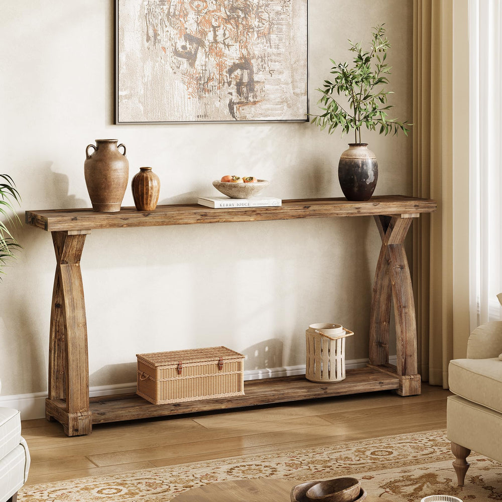 63-Inch Solid Wood Console Table with 2-Tier Storage