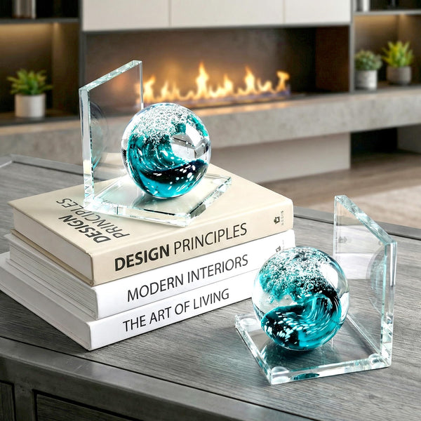 Glass Sea Wave Bookends Set of 2