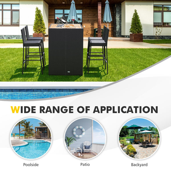 5-Piece Outdoor Wicker Bar Set with Acacia Wood Table & Cushioned Stools