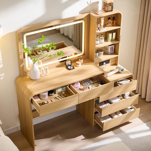 Vanity Desk with Mirror, Lights & 5 Drawers