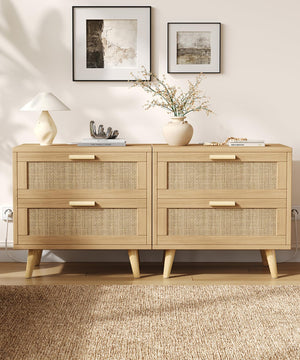 Rattan Nightstand with Charging Station & 2 Drawers
