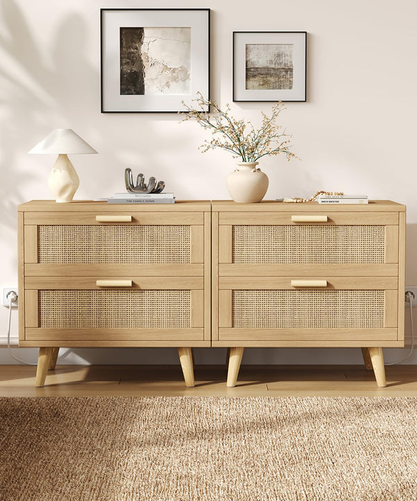 Rattan Nightstand with Charging Station & 2 Drawers