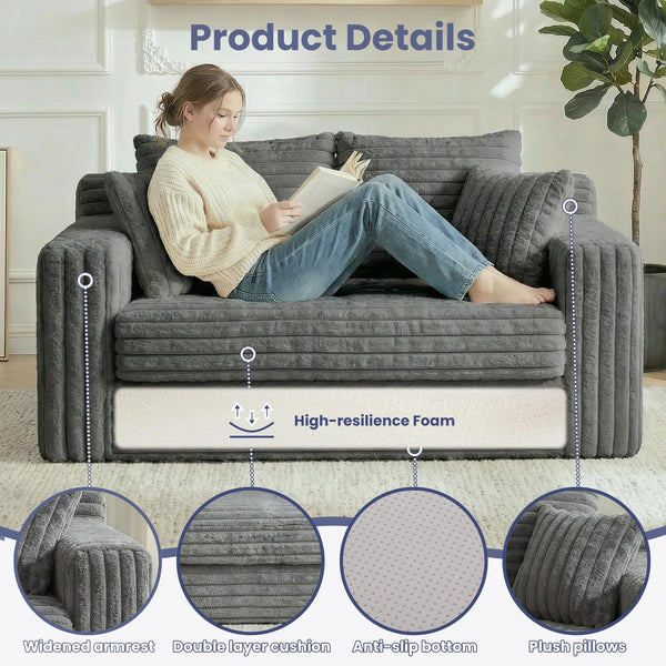 Convertible Sofa Bed Boneless Loveseat Sleeper with 4 Pillows & Detachable Cushion