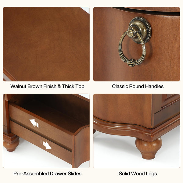 Walnut Brown 3-Drawer End Table with Solid Wood Legs