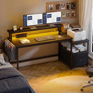 Computer Desk with Monitor Stand, File Drawers & Charging Station