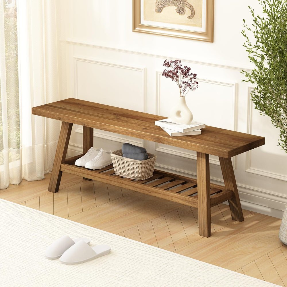 Reclaimed Wood Farmhouse Entryway Bench with Storage Shelf