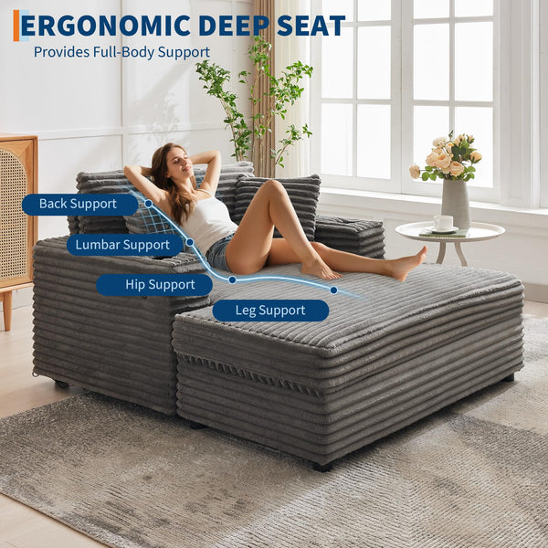 60-Inch Oversized Chaise Lounge Sofa with Charging Station & Cup Holders