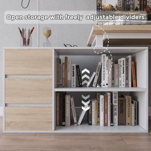 L-Shaped Corner Desk with Drawers and Open Shelves