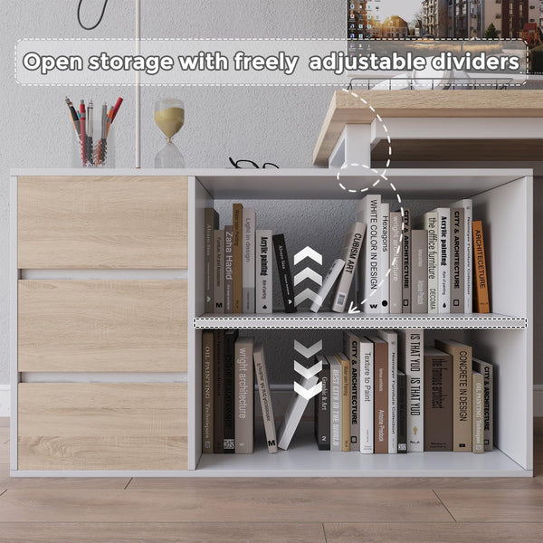 L-Shaped Corner Desk with Drawers and Open Shelves