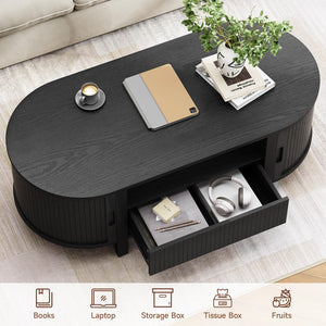 47.2" Oval Coffee Table with Storage, Drawer & Sliding Door