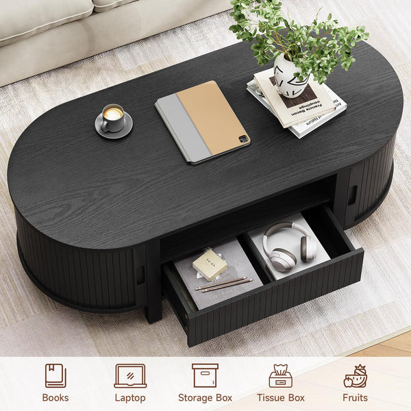 47.2" Oval Coffee Table with Storage, Drawer & Sliding Door