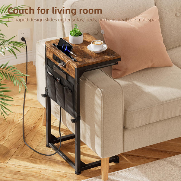 C-Shaped End Table with Charging Station & Storage