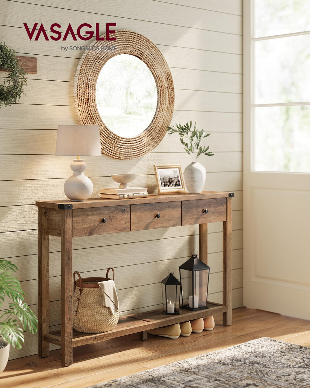 Console Table with 3 Drawers and Open Shelf – Farmhouse Entryway Sofa Table