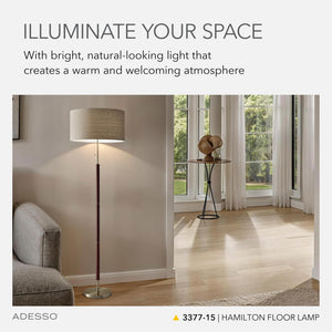 Walnut & Brass Floor Lamp with Linen Drum Shade