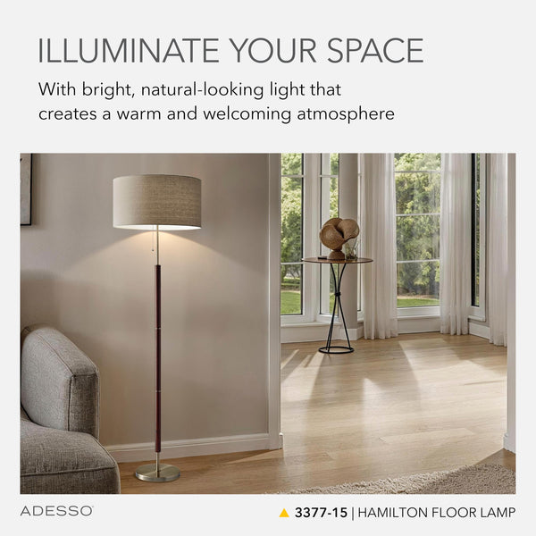 Walnut & Brass Floor Lamp with Linen Drum Shade