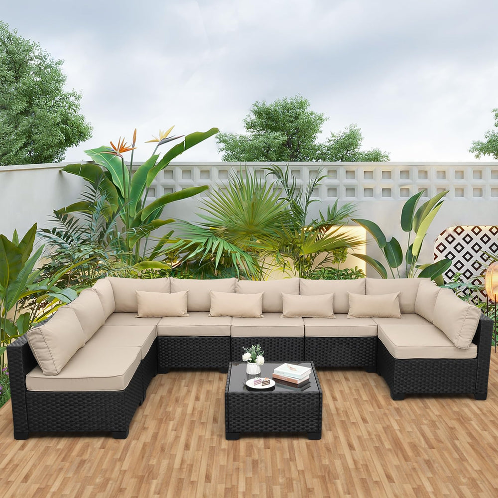 9-Piece Outdoor Wicker Sectional Patio Furniture Set with Glass Table & Cushions